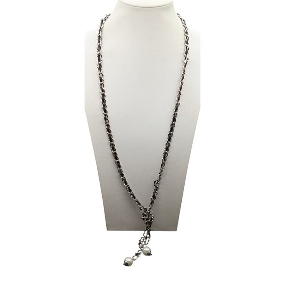 Vintage Classic White House Black Market Faux Pearl & Chain Lariat Necklace Silv - Picture 1 of 2
